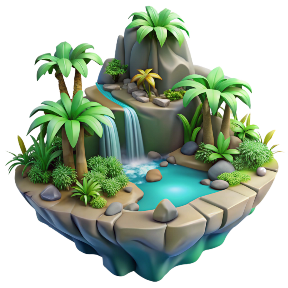 vibrant artistic Island with Dense Jungle and Hidden Waterfall Cutout Element premium png