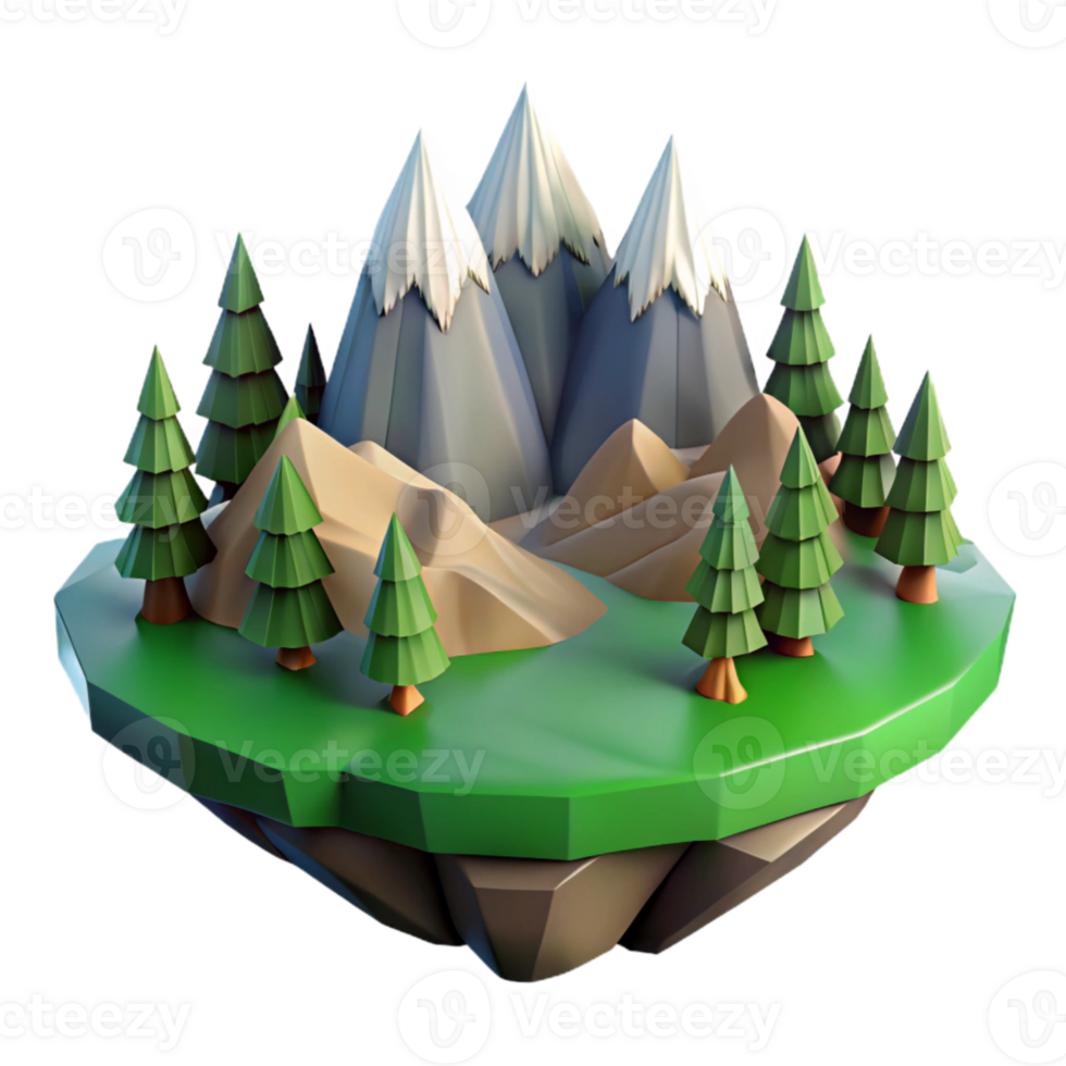 stunning artistic Island with Mountain Range and Pine Trees Isolated exclusive png