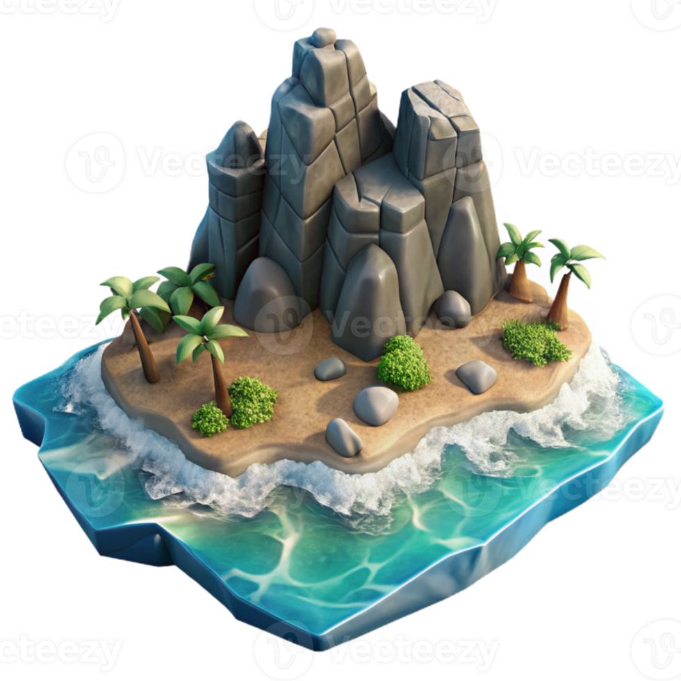impressive rustic Island with Rocky Coastline and Crashing Waves Cutout png