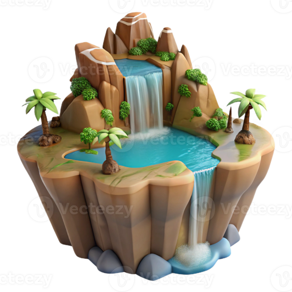 vibrant traditional Island with Waterfall Cascading Down Cliffs Cutout high resolution png