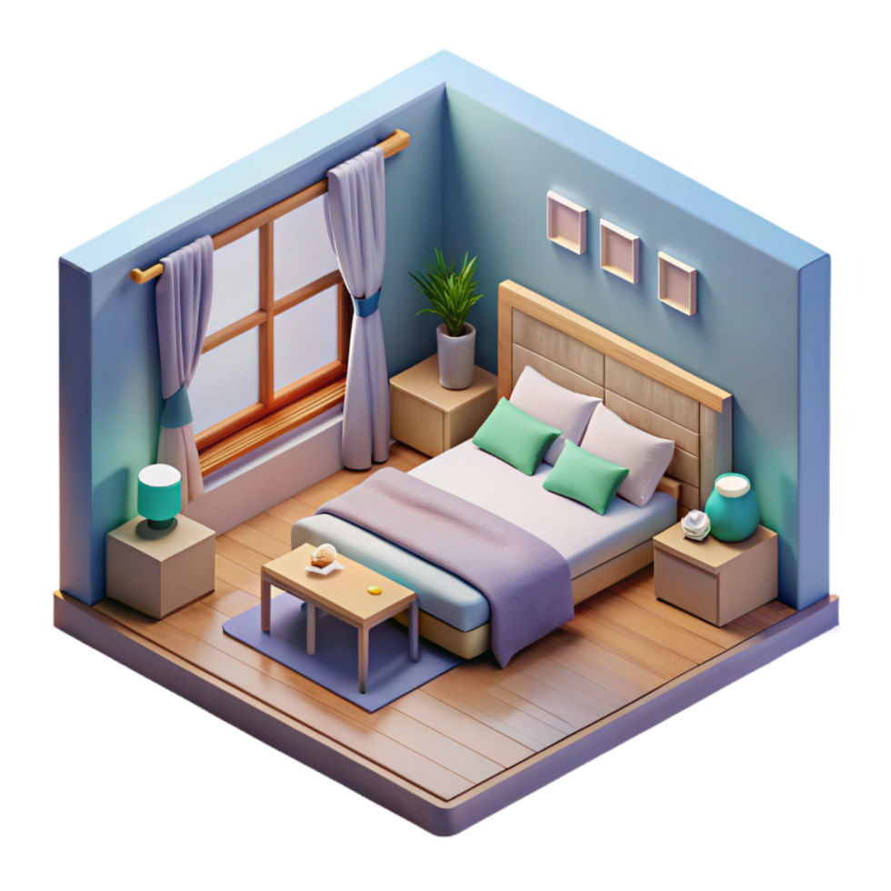 impressive minimalist Isometric Bedroom with Ar Furniture Arrangement Transparent Background original png