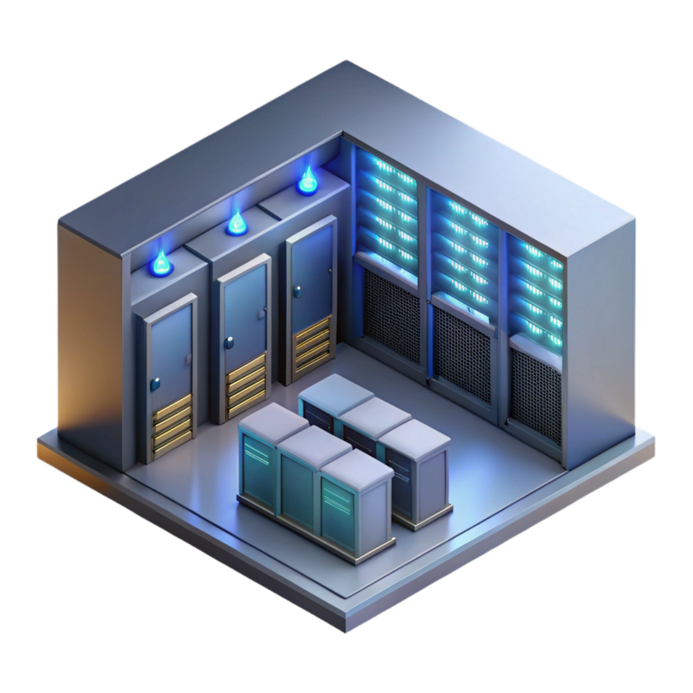 serene artistic Isometric Data Center Server Room Transparent Background high quality png