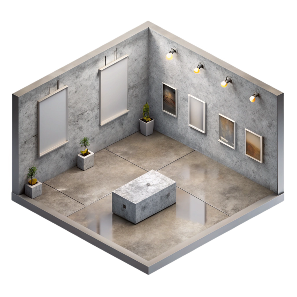 vibrant abstract Isometric Empty Gallery Space Gray Floor Isolated original png
