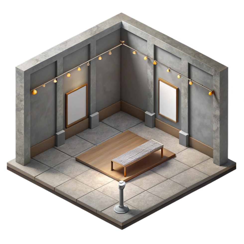 stunning modern Isometric Empty Gallery Space Gray Floor Isolated high quality png