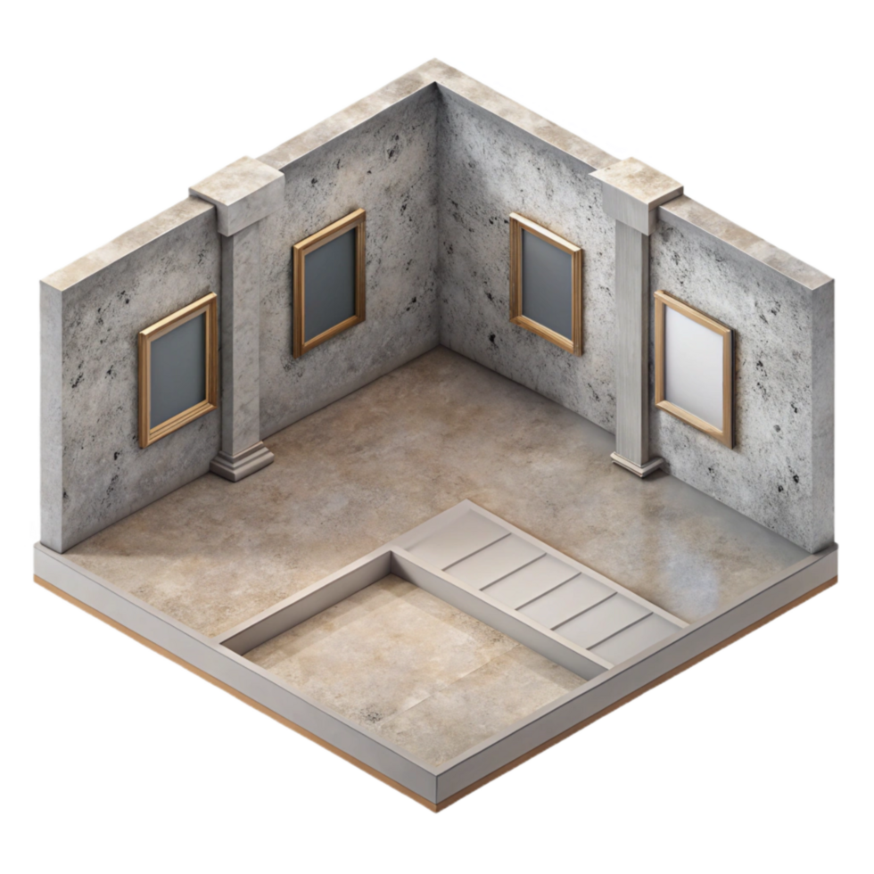 extraordinary vintage Isometric Empty Gallery Space Gray Floor Isolated png