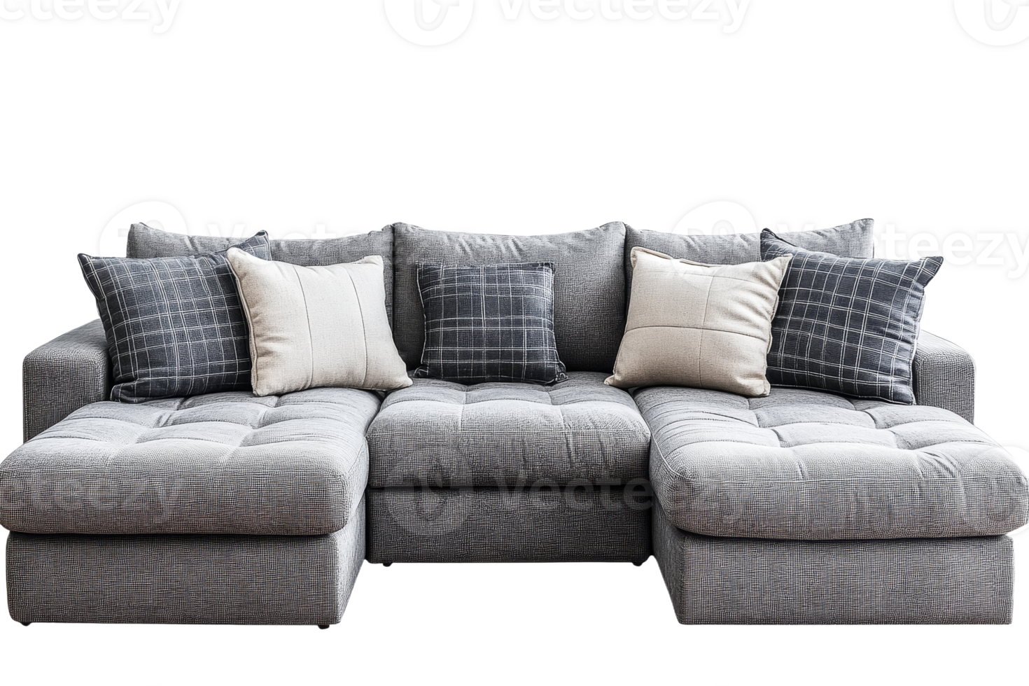 Gray sectional sofa with pillows png