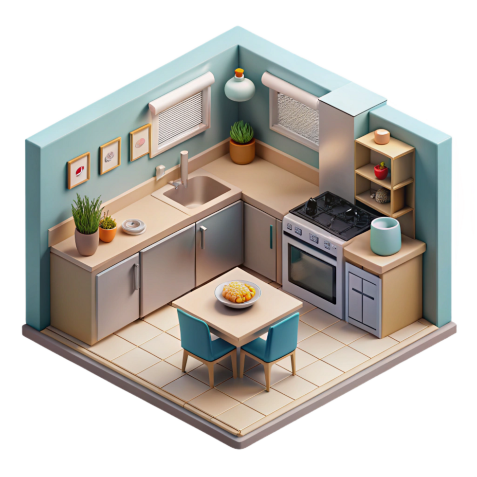 wonderful traditional Isometric Kitchen with Ar Appliance Placement Transparent Background high quality png