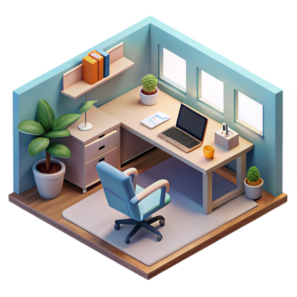 magnificent traditional Isometric Office with Ar Desk Setup Transparent Background high resolution png