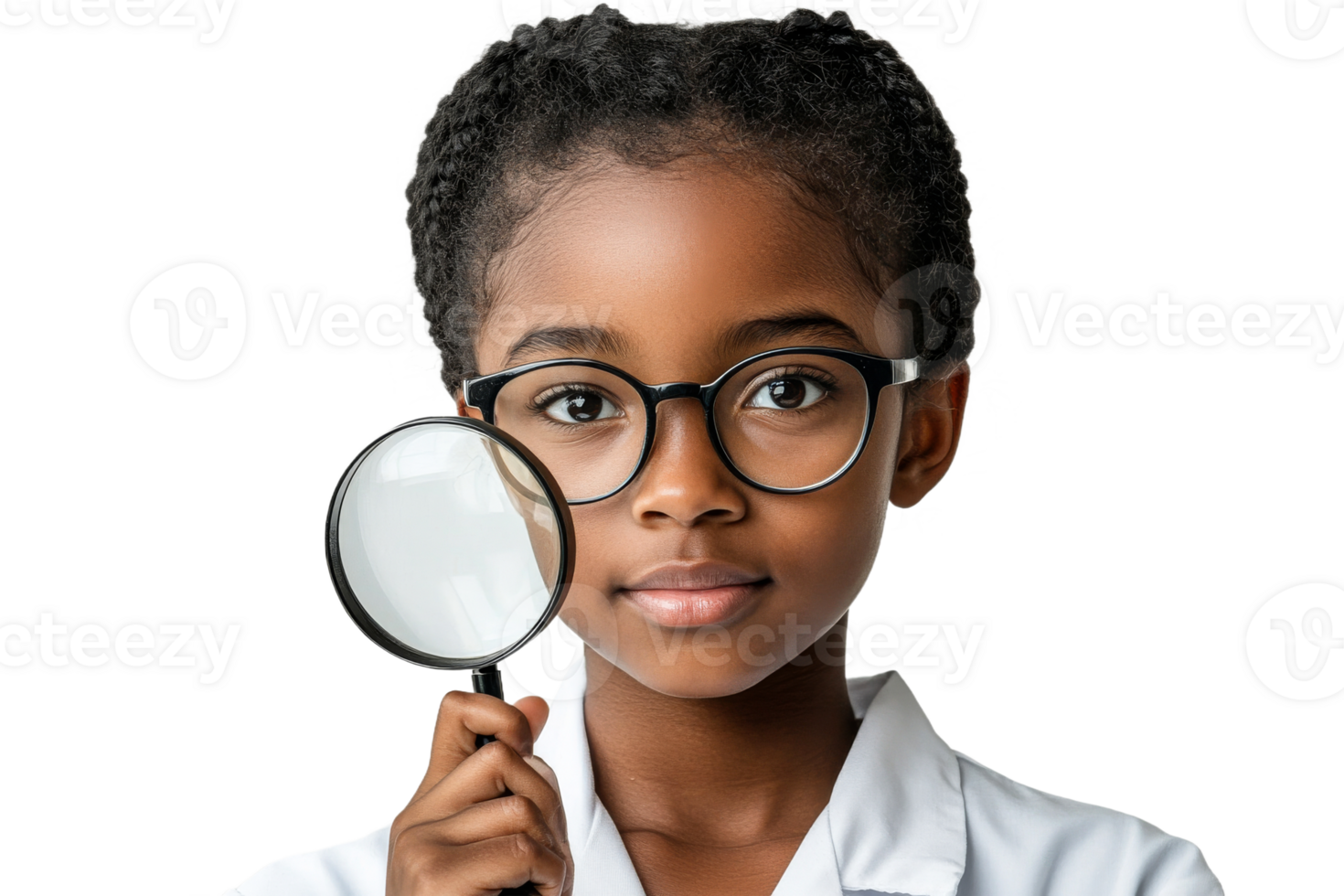 Young scientist examines with magnifying glass png