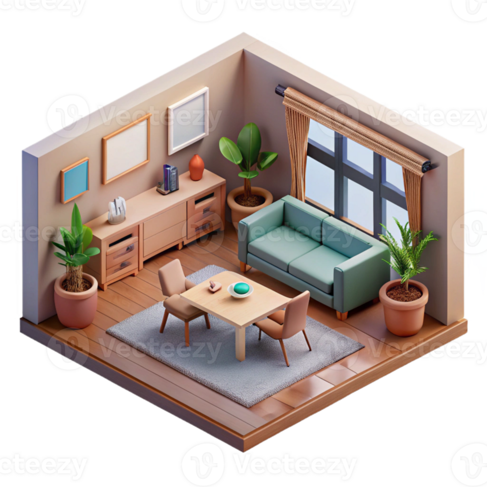 beautiful classic Isometric Room with Ar Furniture Placement Cutout high resolution png