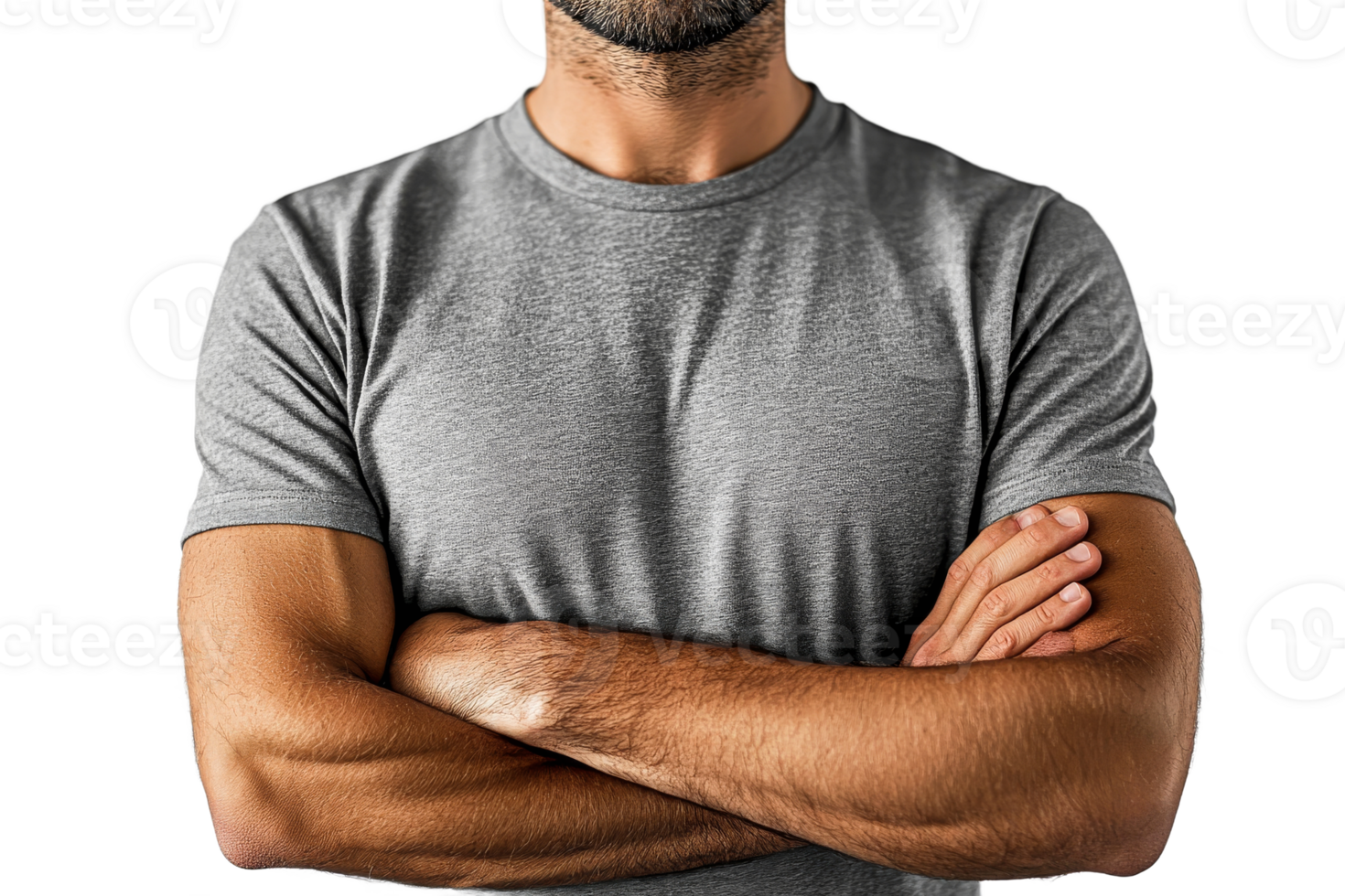 Man with crossed arms in a gray shirt png