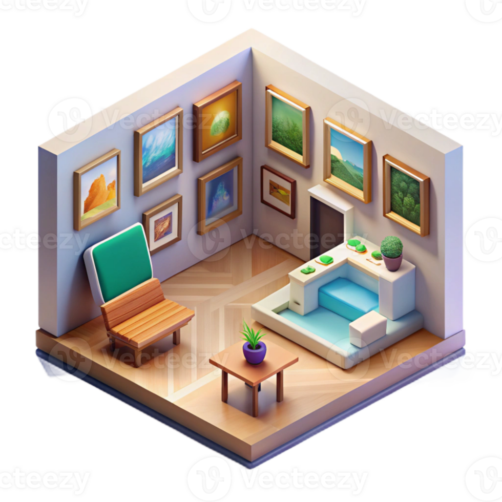 serene vintage Isometric Virtual Art Gallery with Paintings Cutout exclusive png