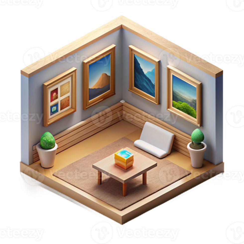 stunning modern Isometric Virtual Art Gallery with Paintings Cutout premium png