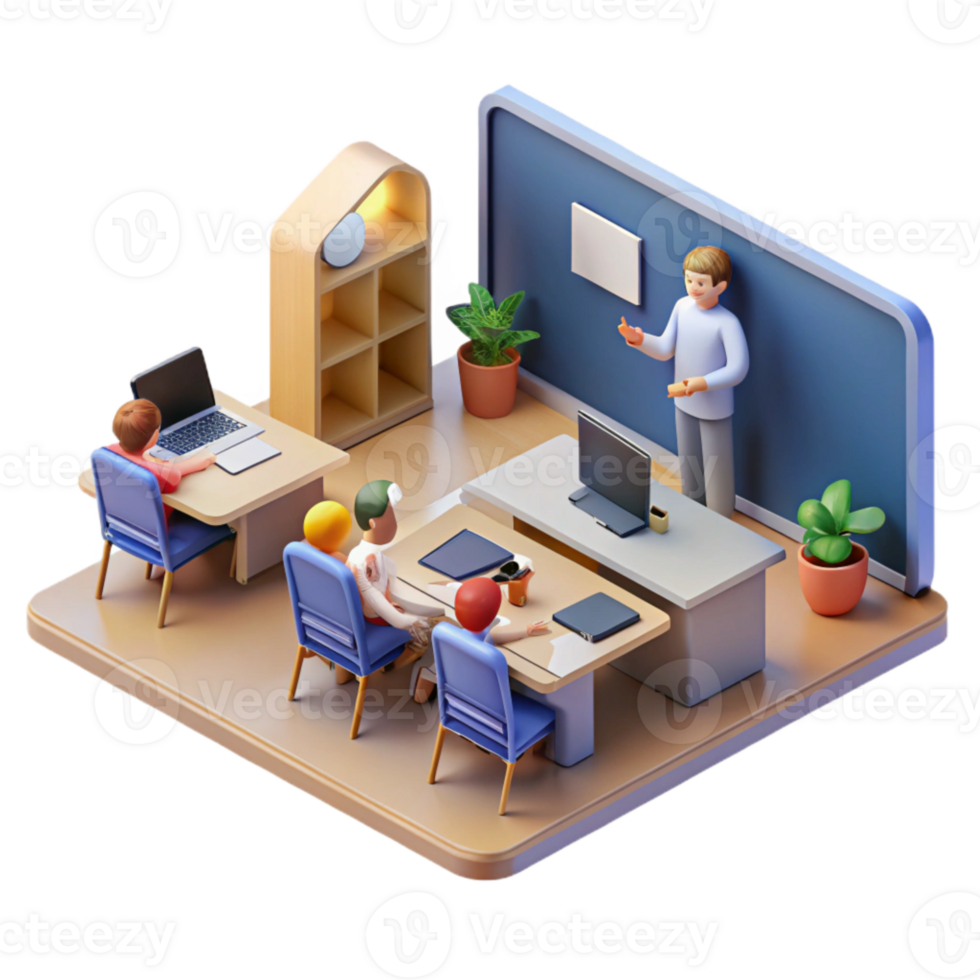 wonderful contemporary Isometric Virtual Classroom with Students and Teacher Isolated authentic png
