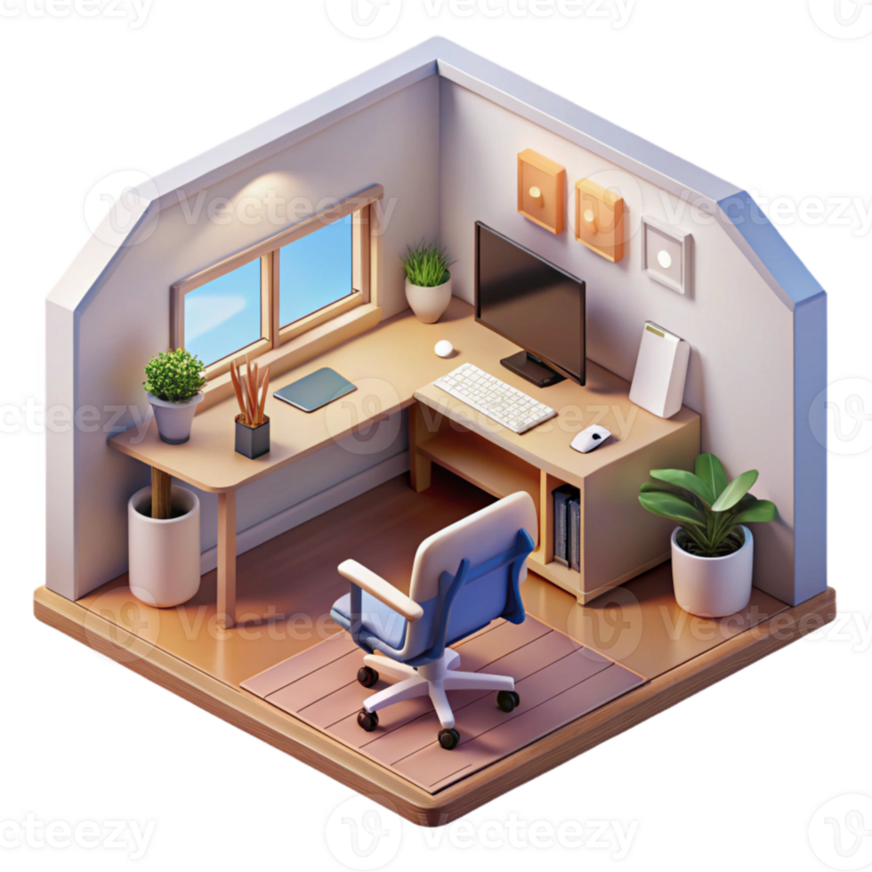magnificent rustic Isometric Virtual Home Office with Desk and Computer Isolated professional png
