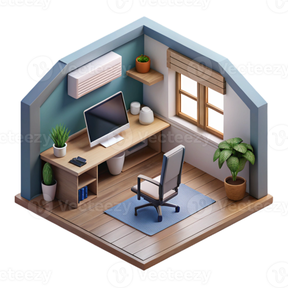 beautiful creative Isometric Virtual Home Office with Desk and Computer Isolated high quality png
