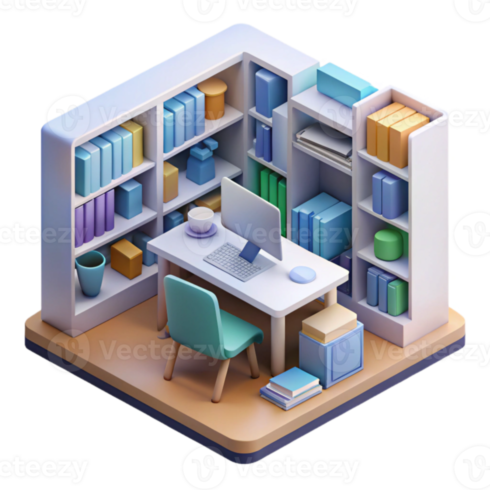 elegant classic Isometric Virtual Library with Bookshelves and Computers Isolated authentic png