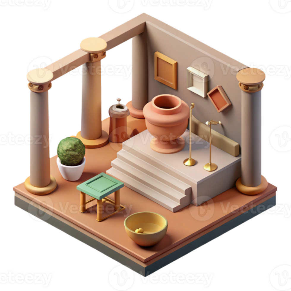 vibrant classic Isometric Virtual Museum Exhibit with Artifacts Cutout high quality png