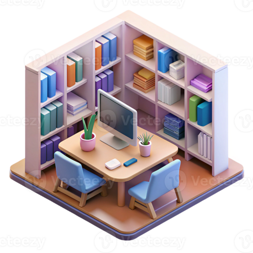 impressive contemporary Isometric Virtual Library with Bookshelves and Computers Isolated high quality png