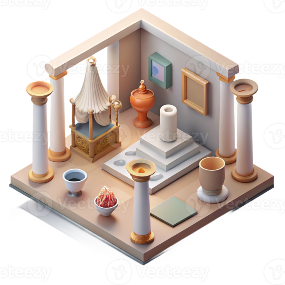 stunning minimalist Isometric Virtual Museum Exhibit with Artifacts Cutout high resolution png