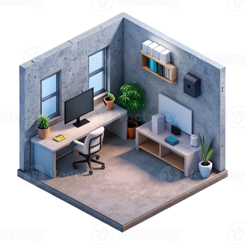 impressive abstract Isometric Virtual Office Space with Desk Isolated png