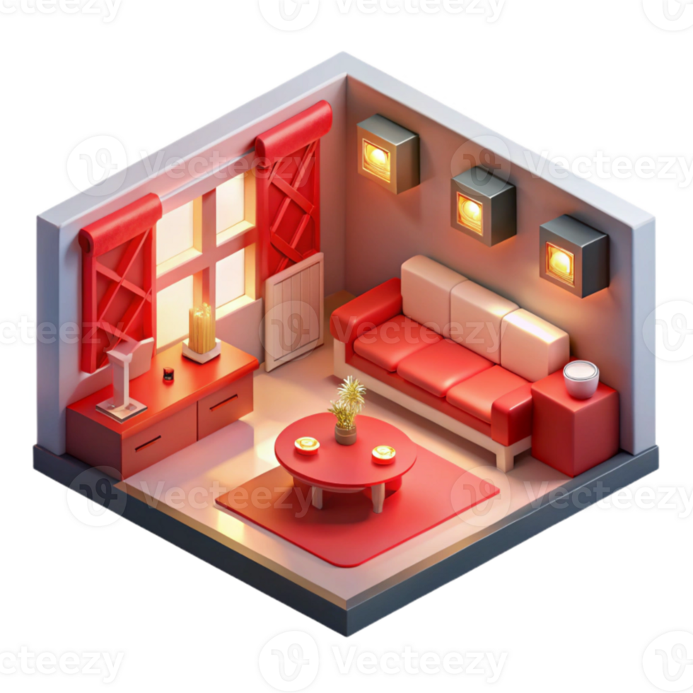 impressive rustic Isometric Virtual Room with Red Accents Transparent original png