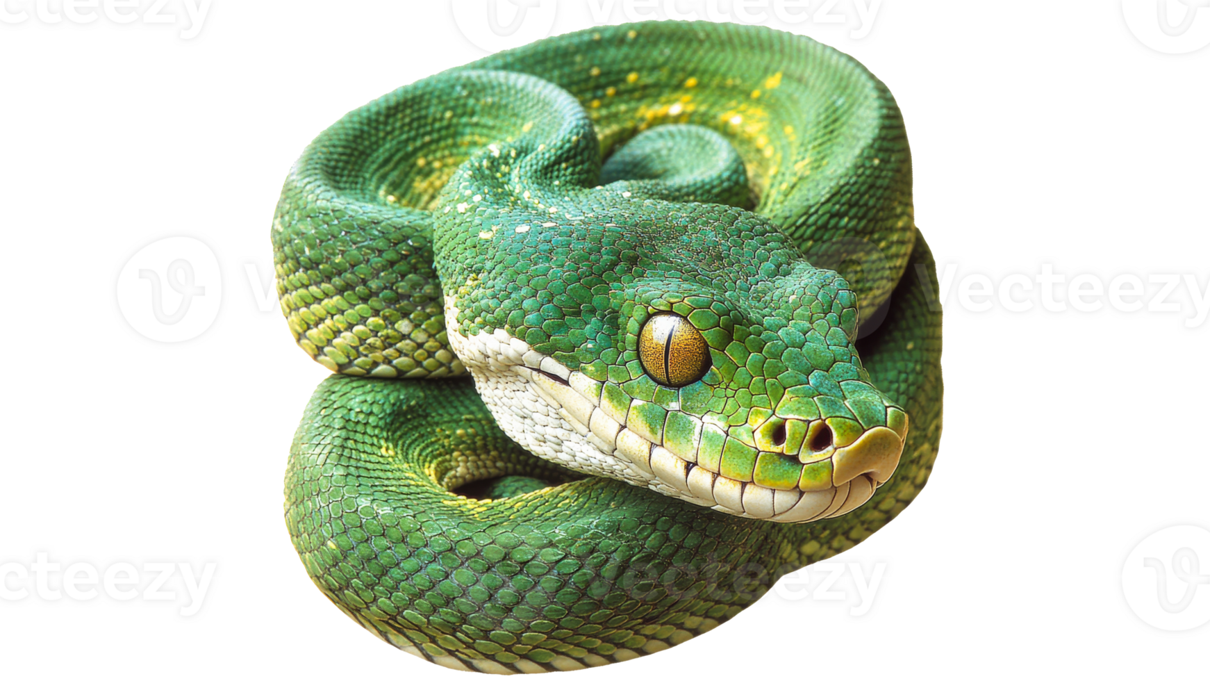 Green python resting on a branch in the forest png