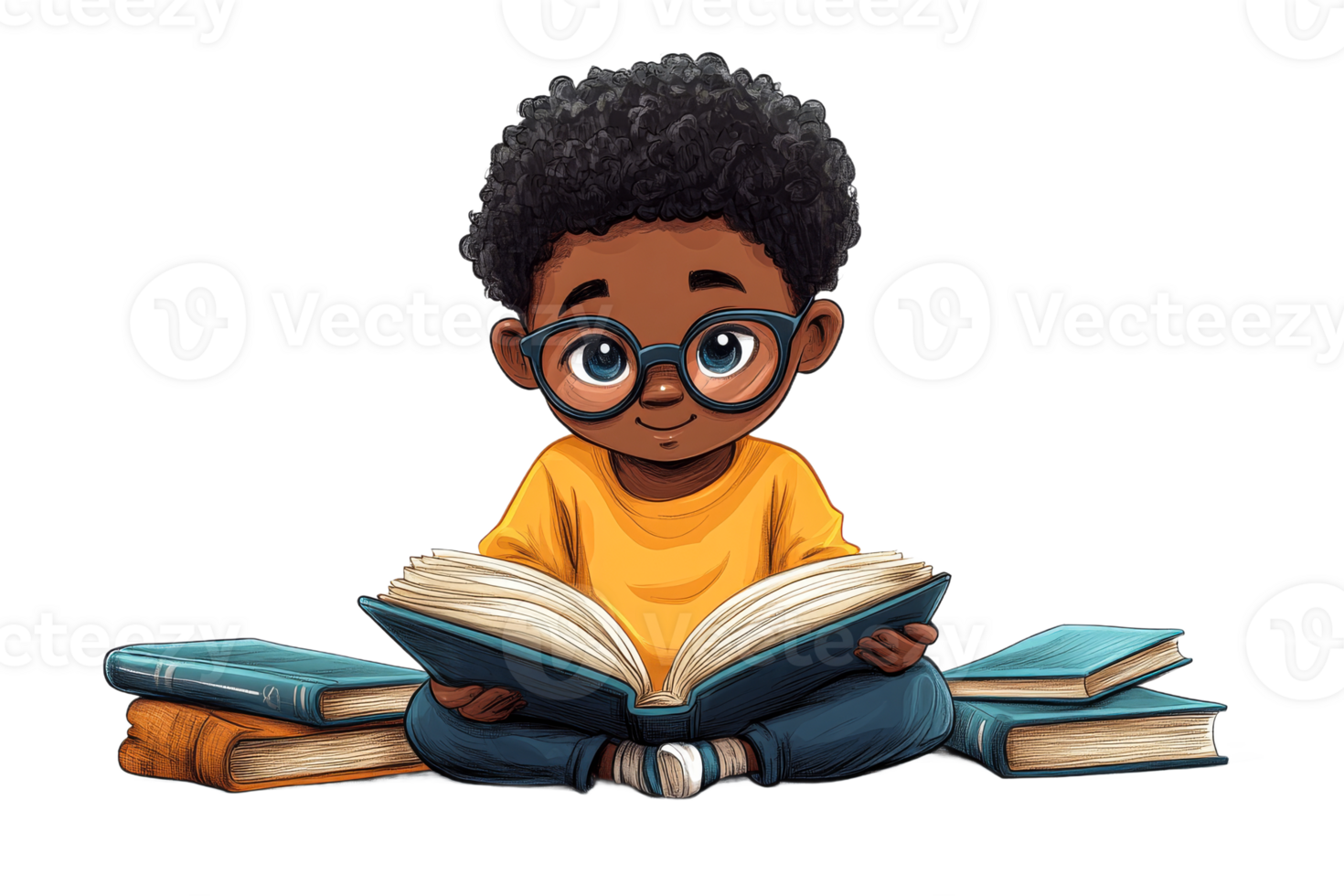 Young boy reading a book while seated on the floor png