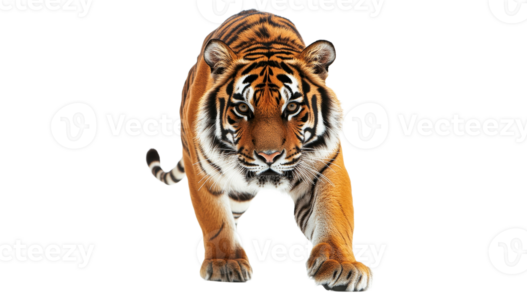 Majestic tiger walking forward in a bright setting transparent png