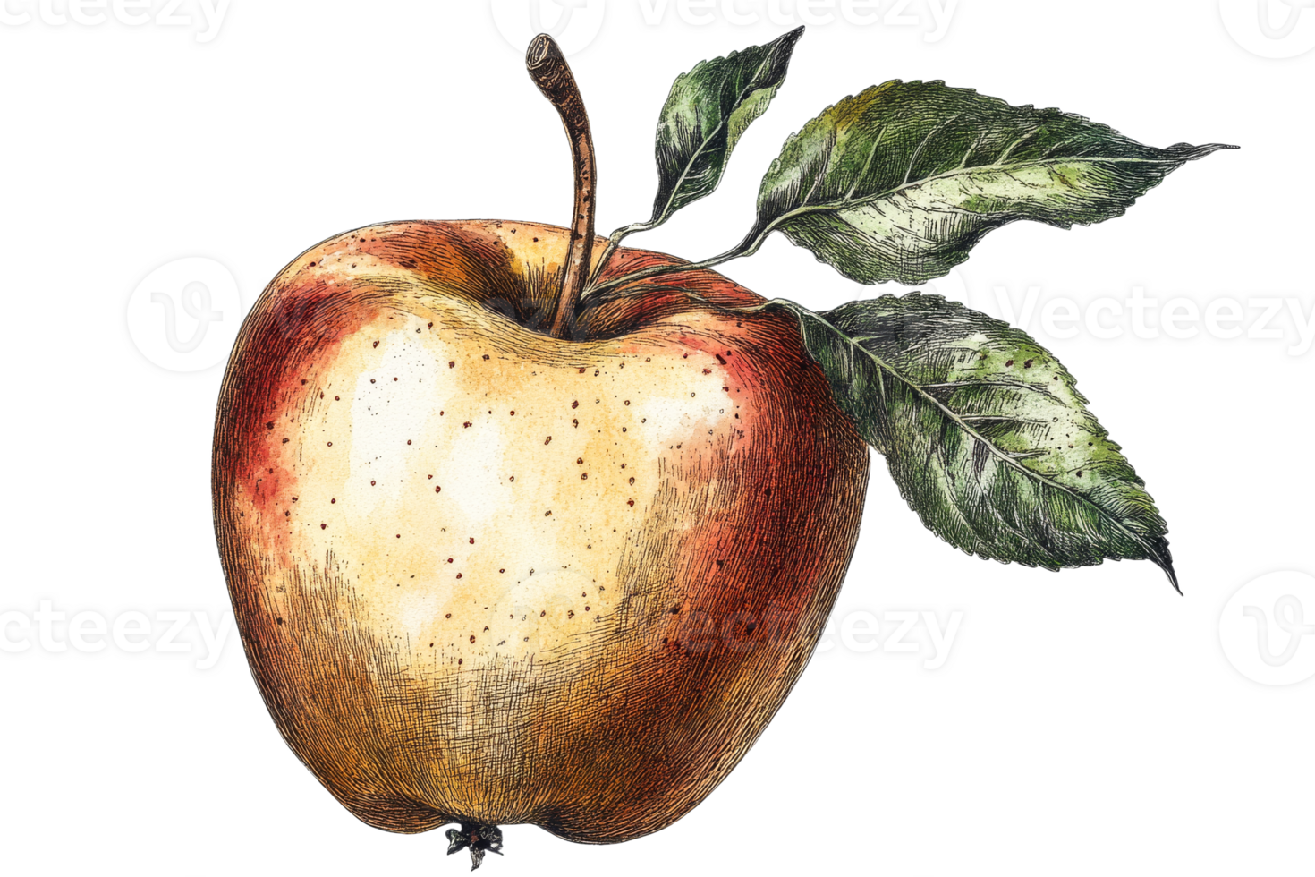 Fresh golden apple with green leaves and stem png