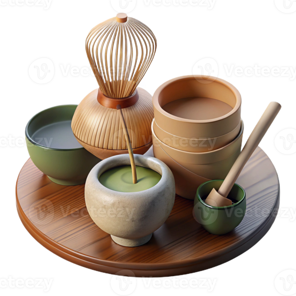 extraordinary classic Japanese Tea Ceremony Set with Bamboo Whisk Transparent Background genuine png