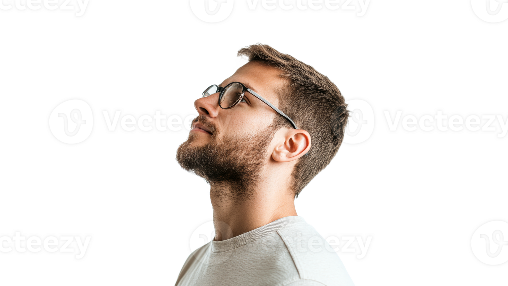 Man with glasses looking upwards in neutral light png