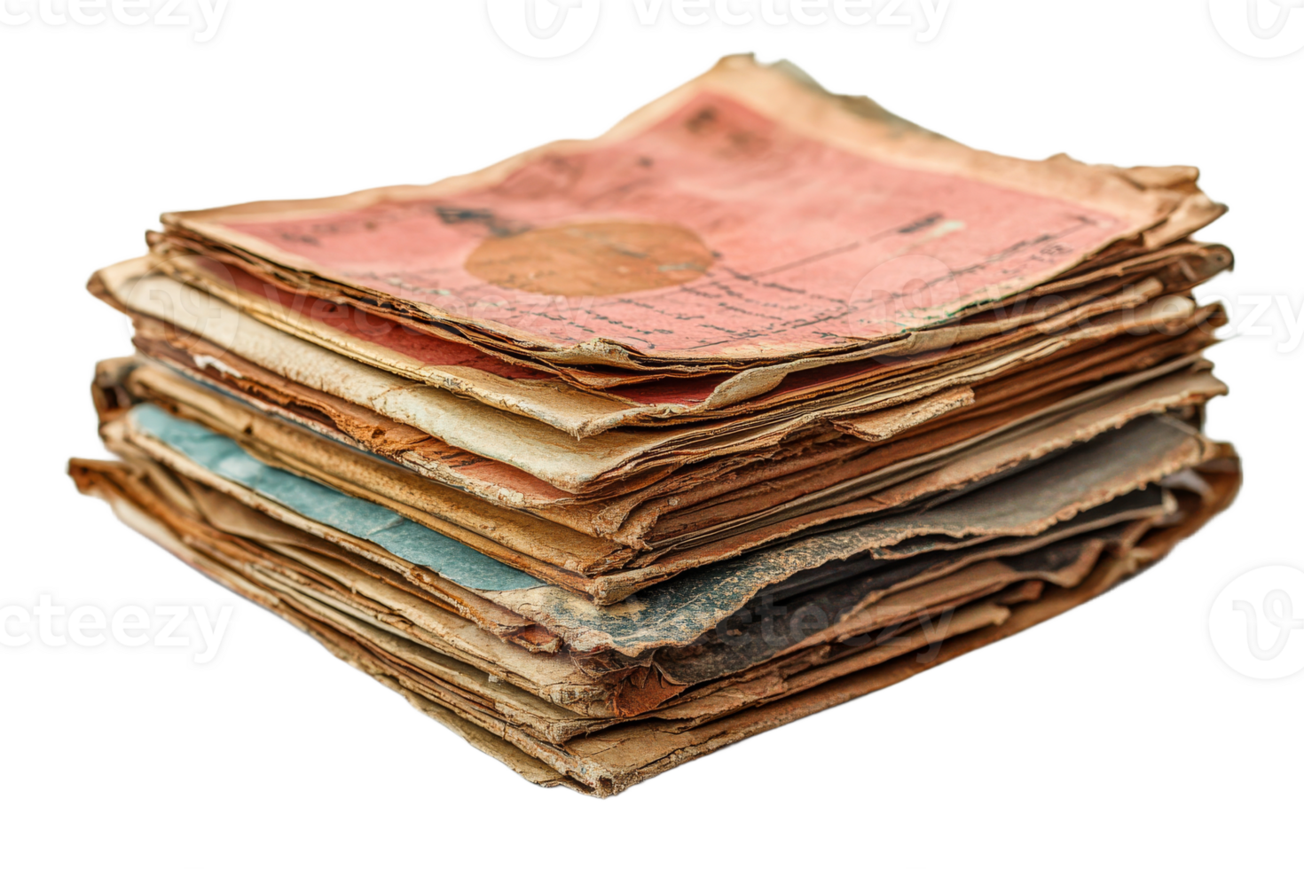 Stack of vintage papers showing age and history png
