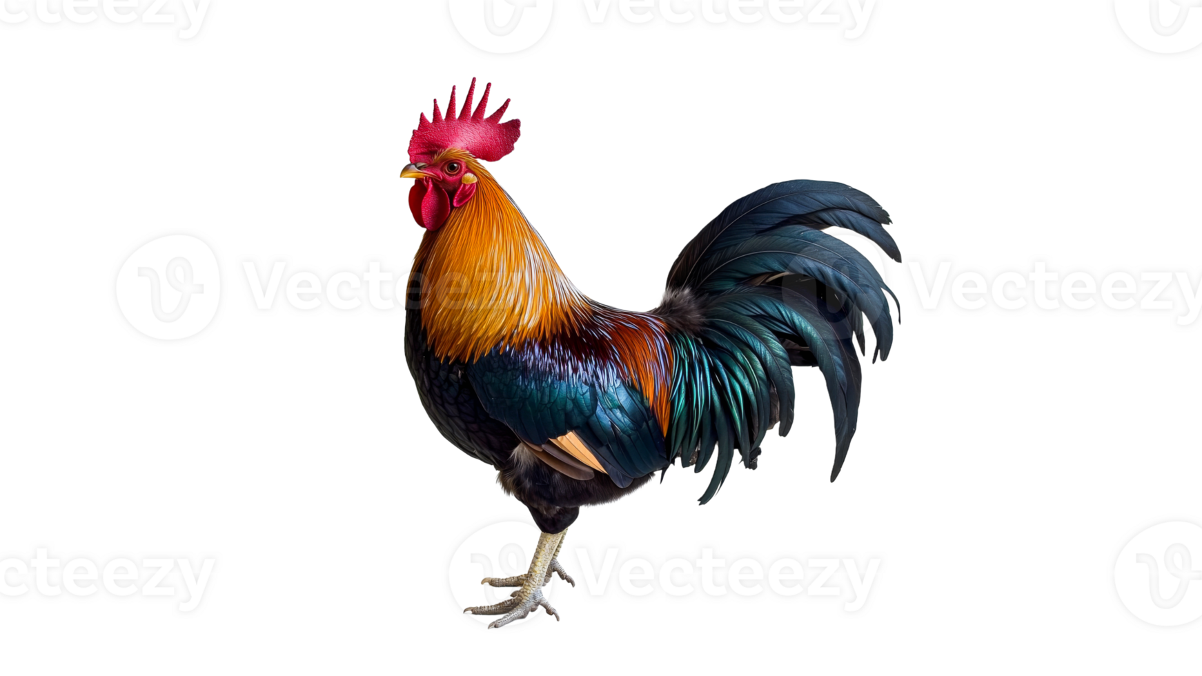 Colorful rooster standing proudly in a garden png