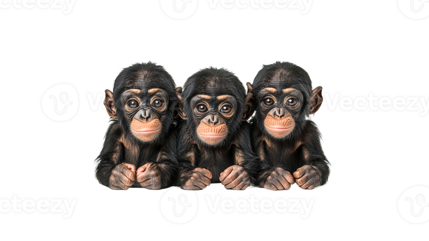 Three playful baby chimpanzees together in a row png