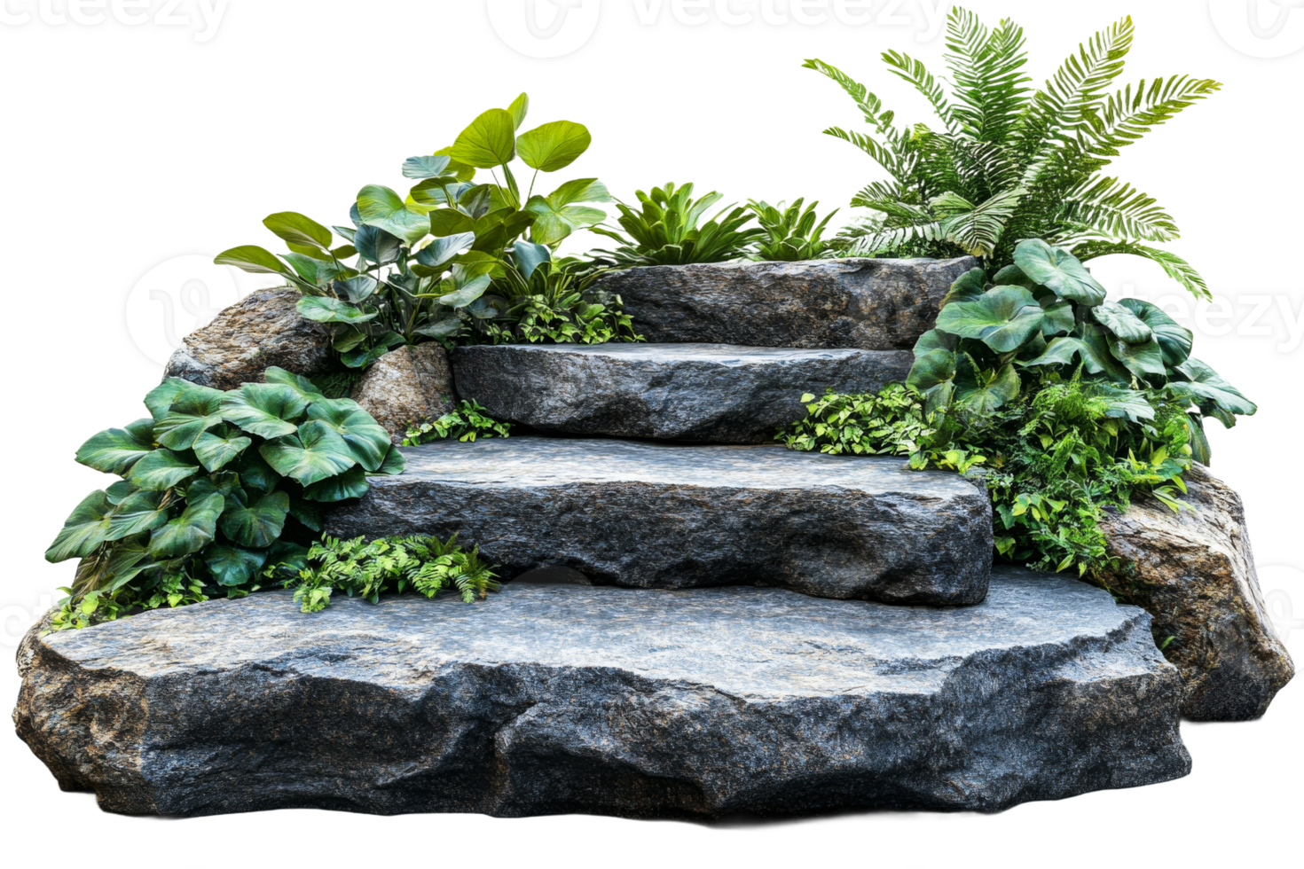 Rock garden with lush greenery and steps png
