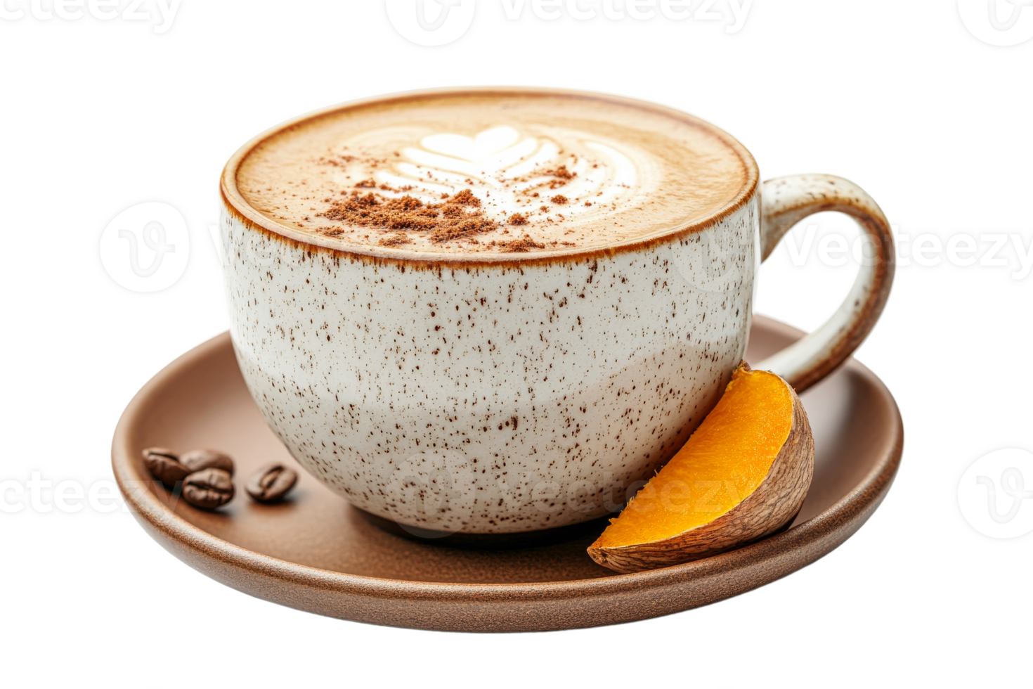 Cup of coffee with cocoa powder and slice of fruit png