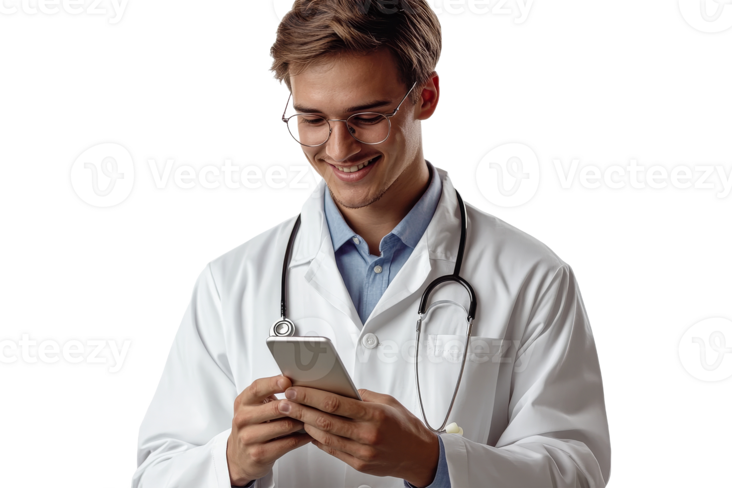 Young doctor using smartphone in medical setting png