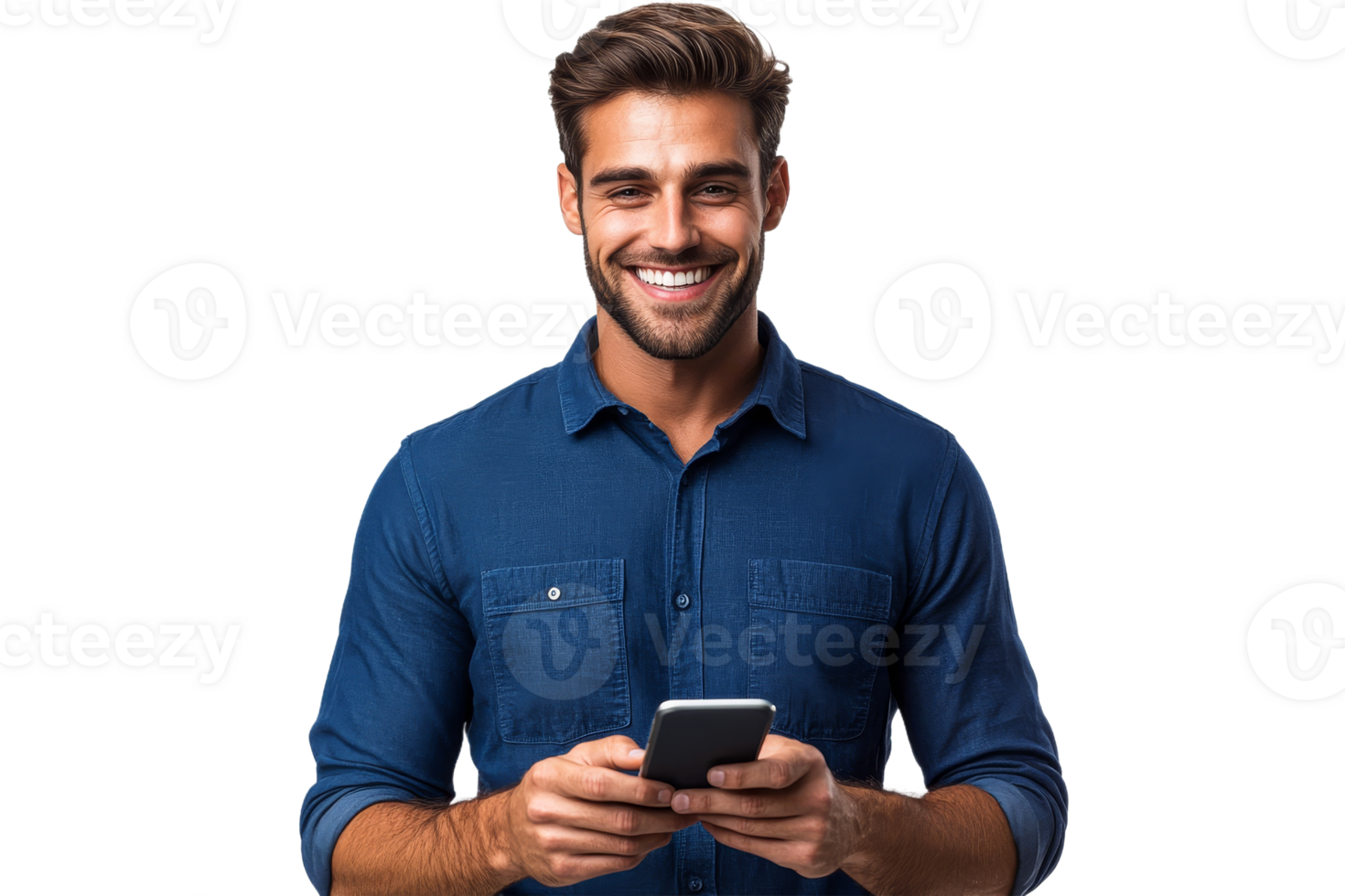 Smiling man using smartphone in casual setting png