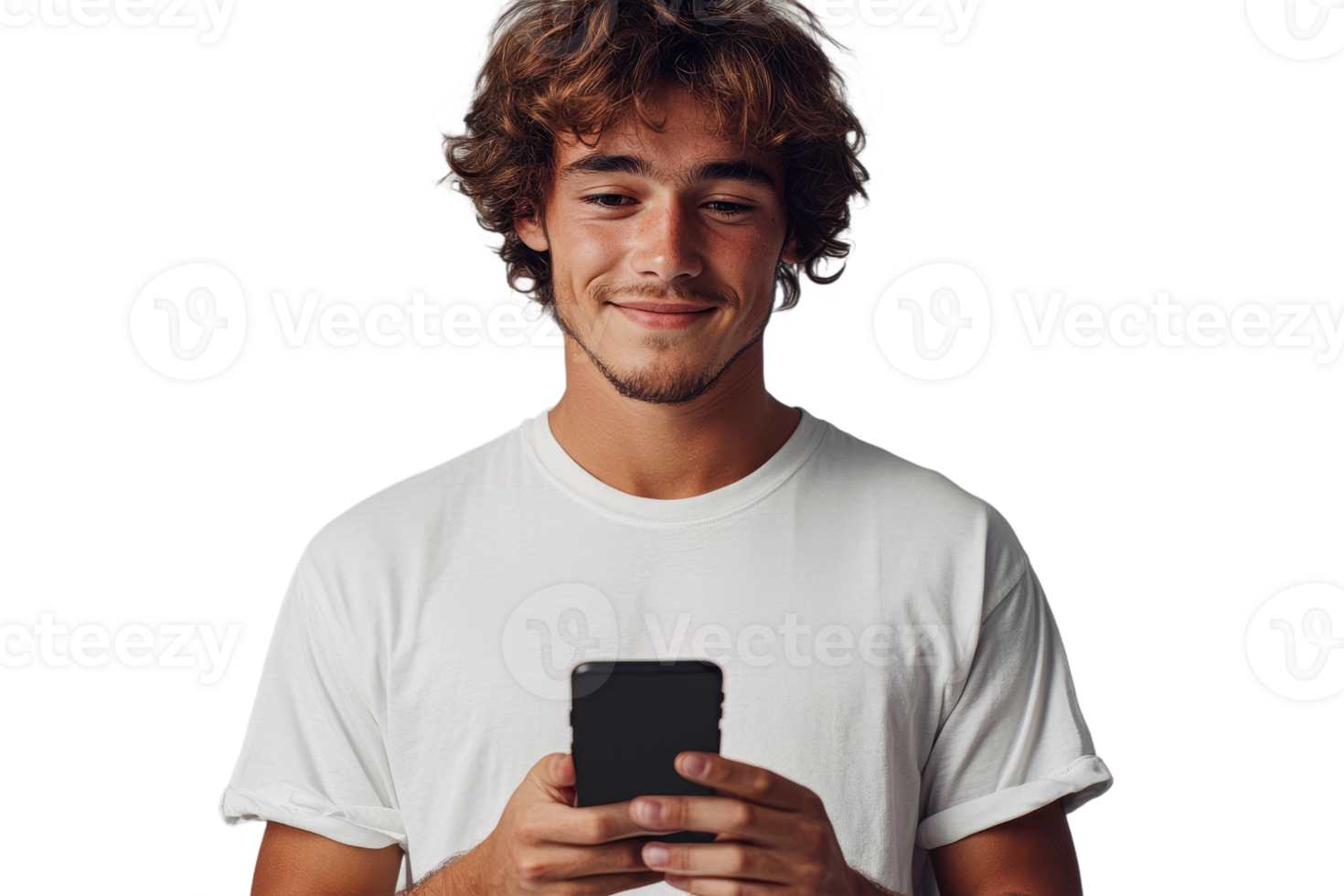 Young man smiling while using smartphone with joy png
