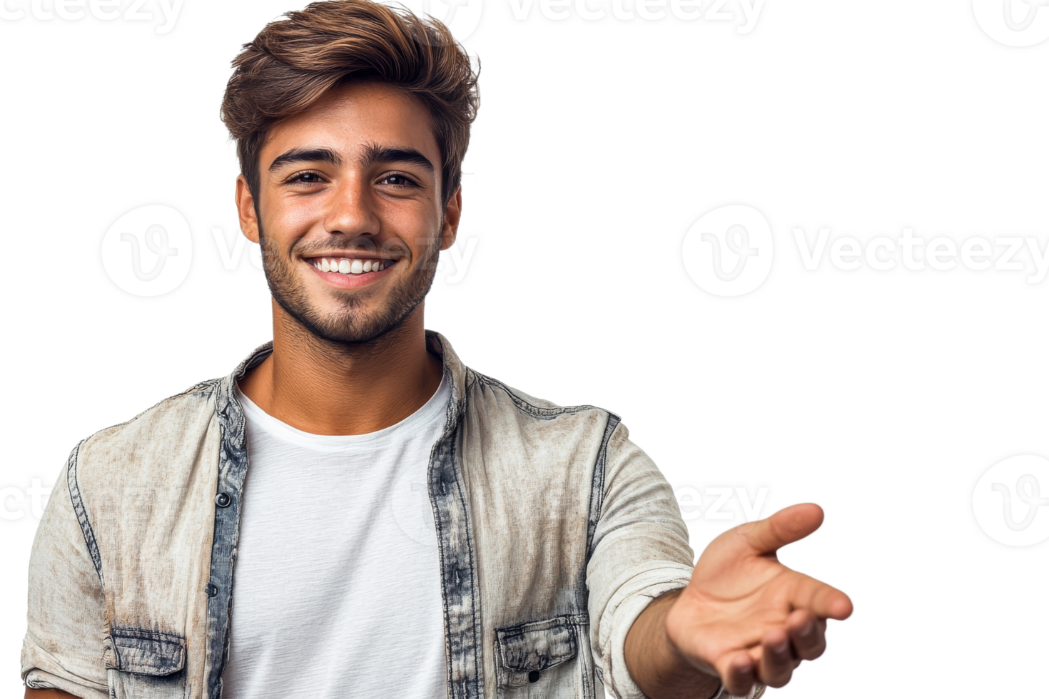 Smiling young man with welcoming gesture indoors png
