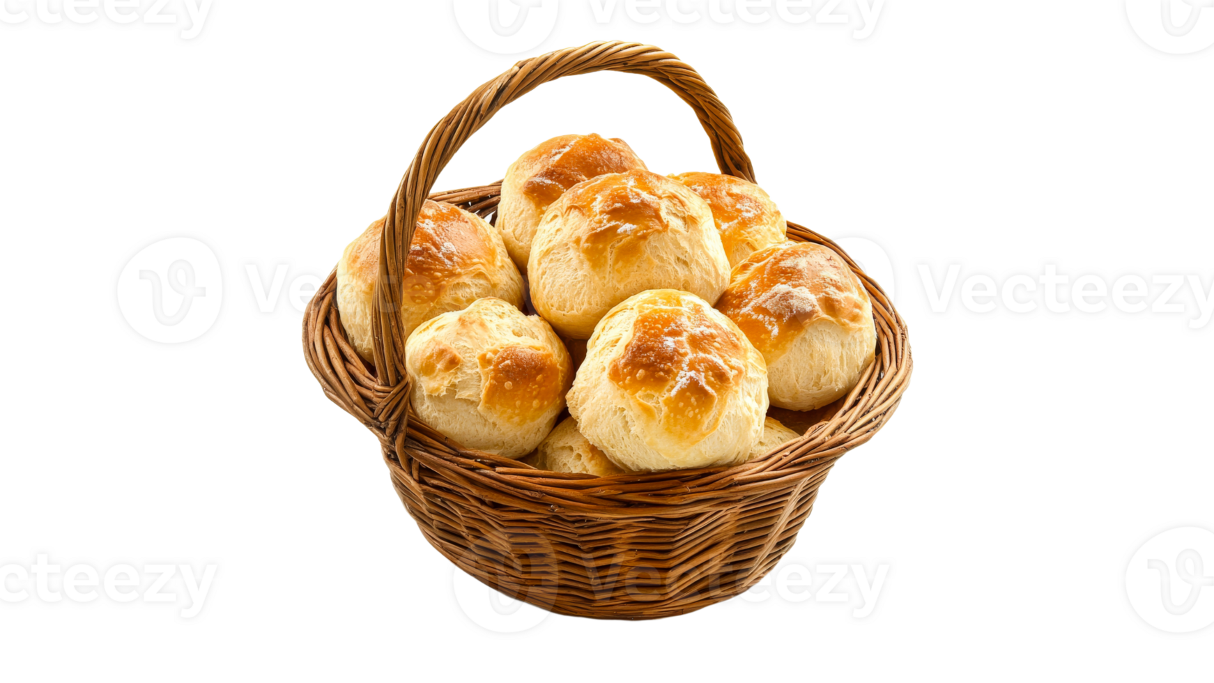 Freshly baked bread rolls in a woven basket on transparent background png