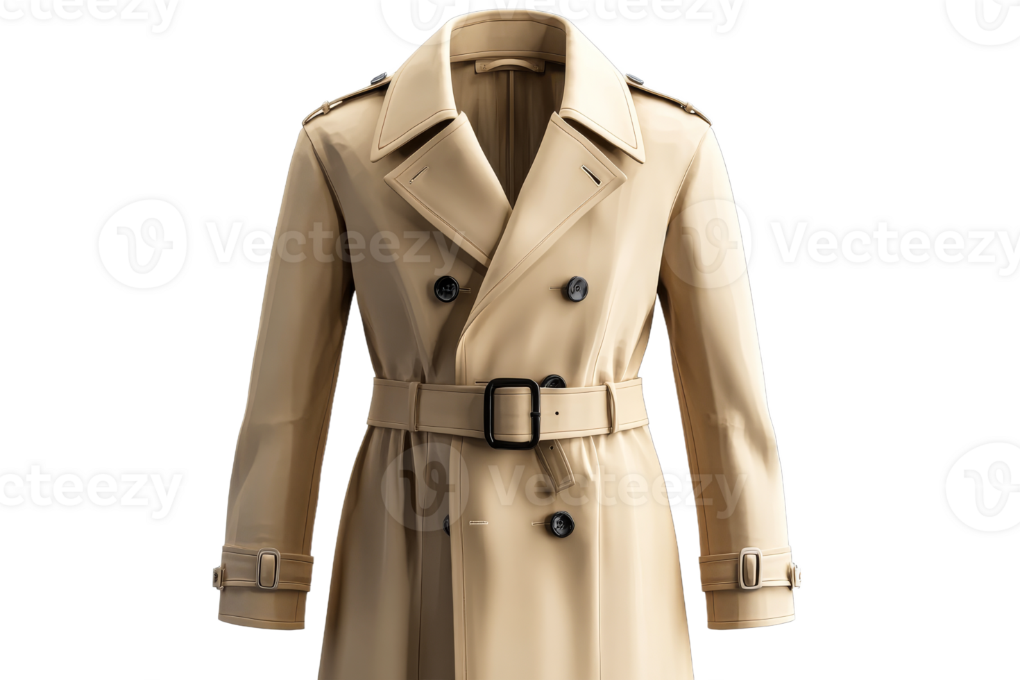 A fashionable beige trench coat is showcased png