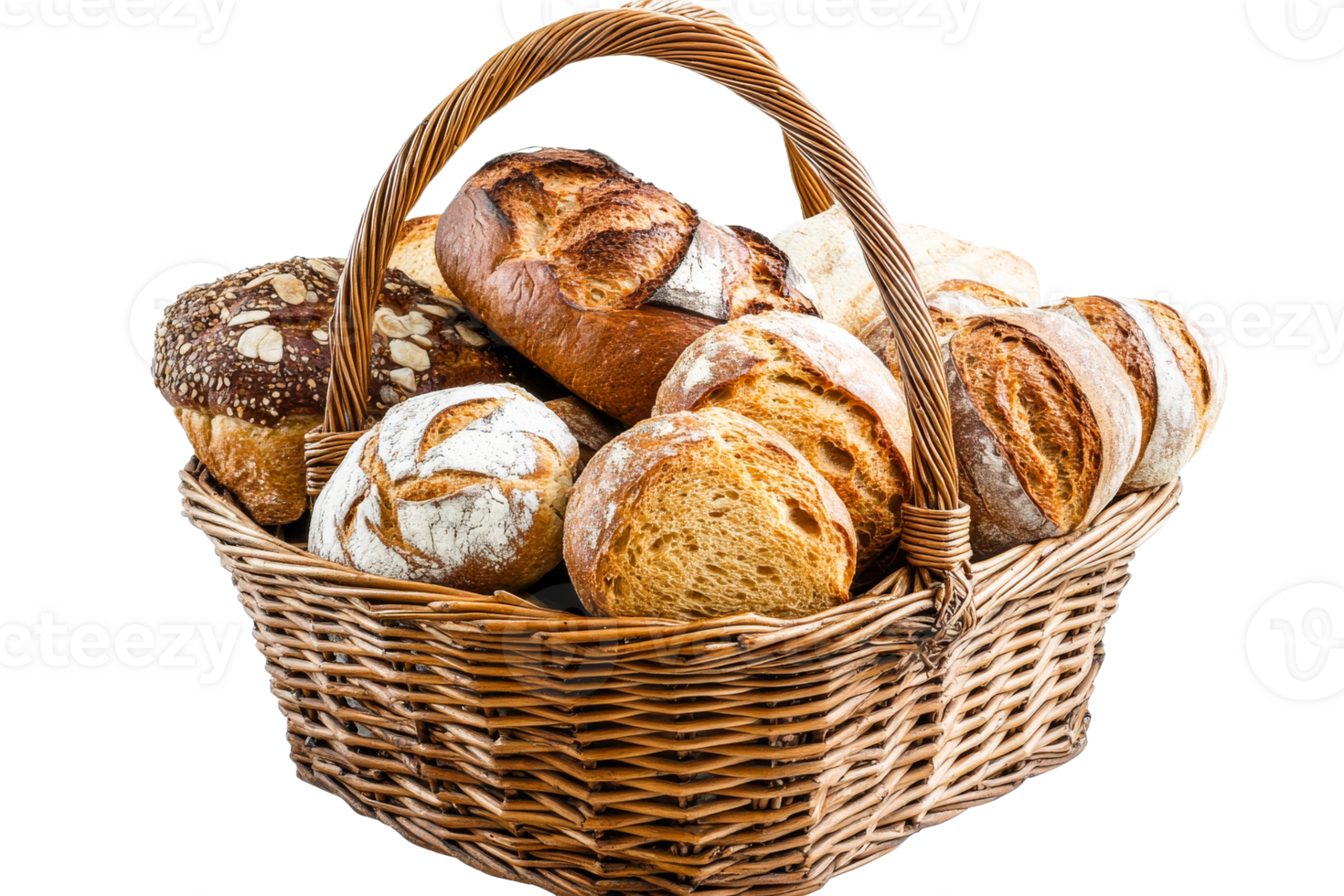 Freshly baked artisan breads in a wicker basket png