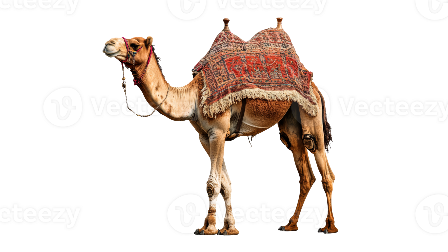 Camel stands gracefully wearing decorative saddle png