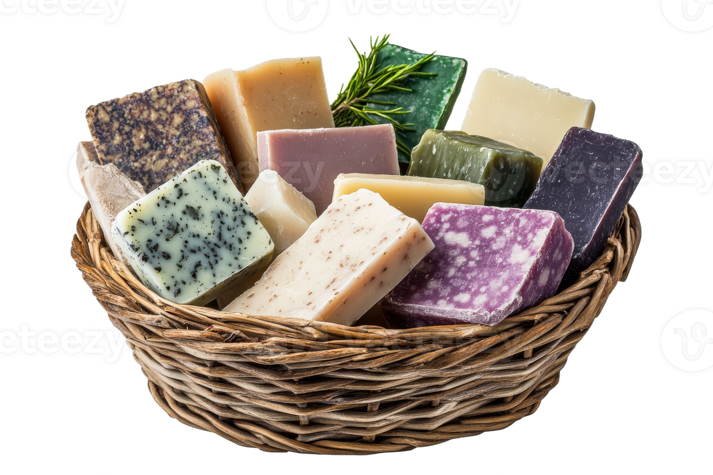 Assortment of artisan soaps in woven basket png