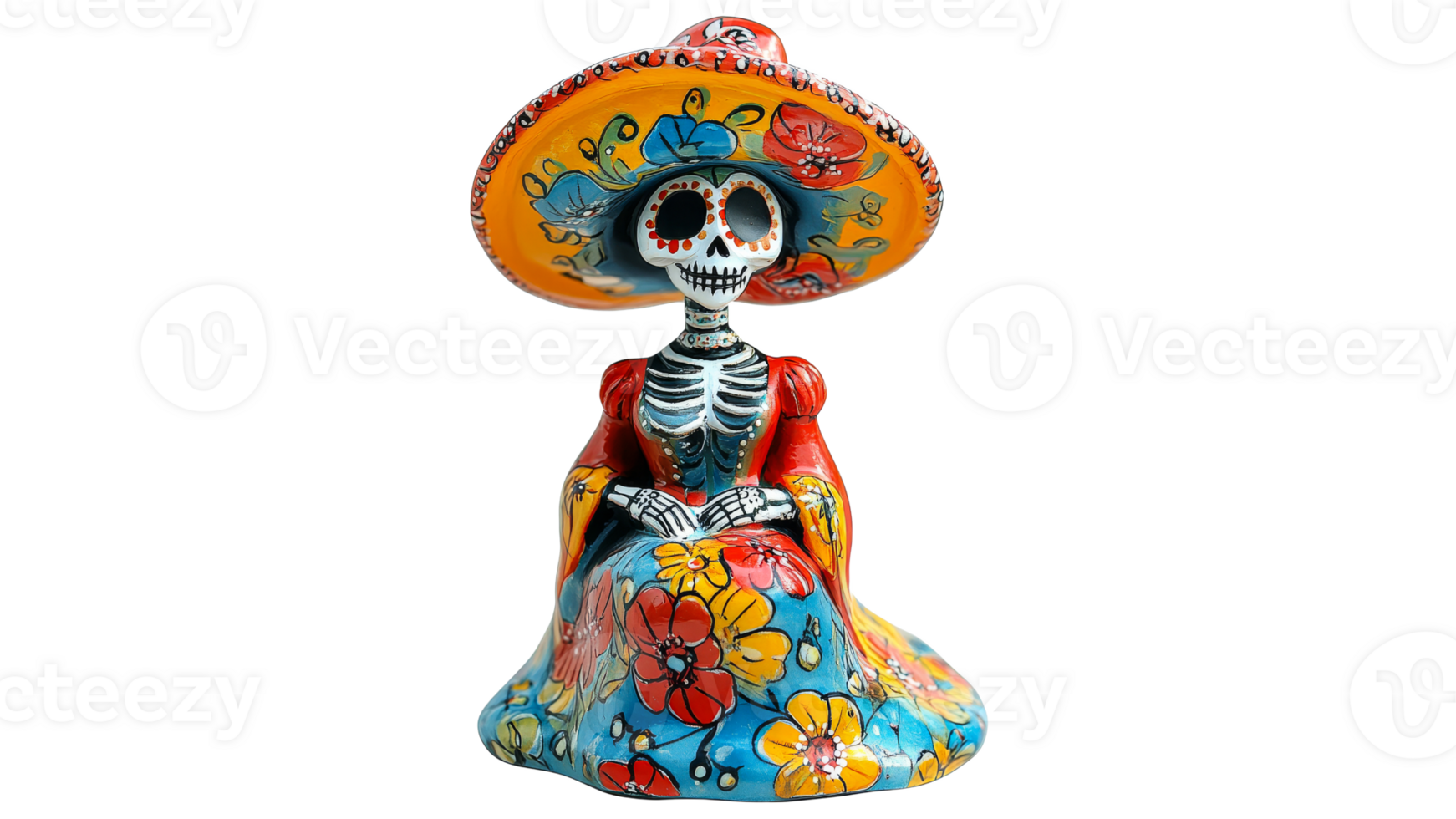 Colorful skeleton figurine in traditional attire png