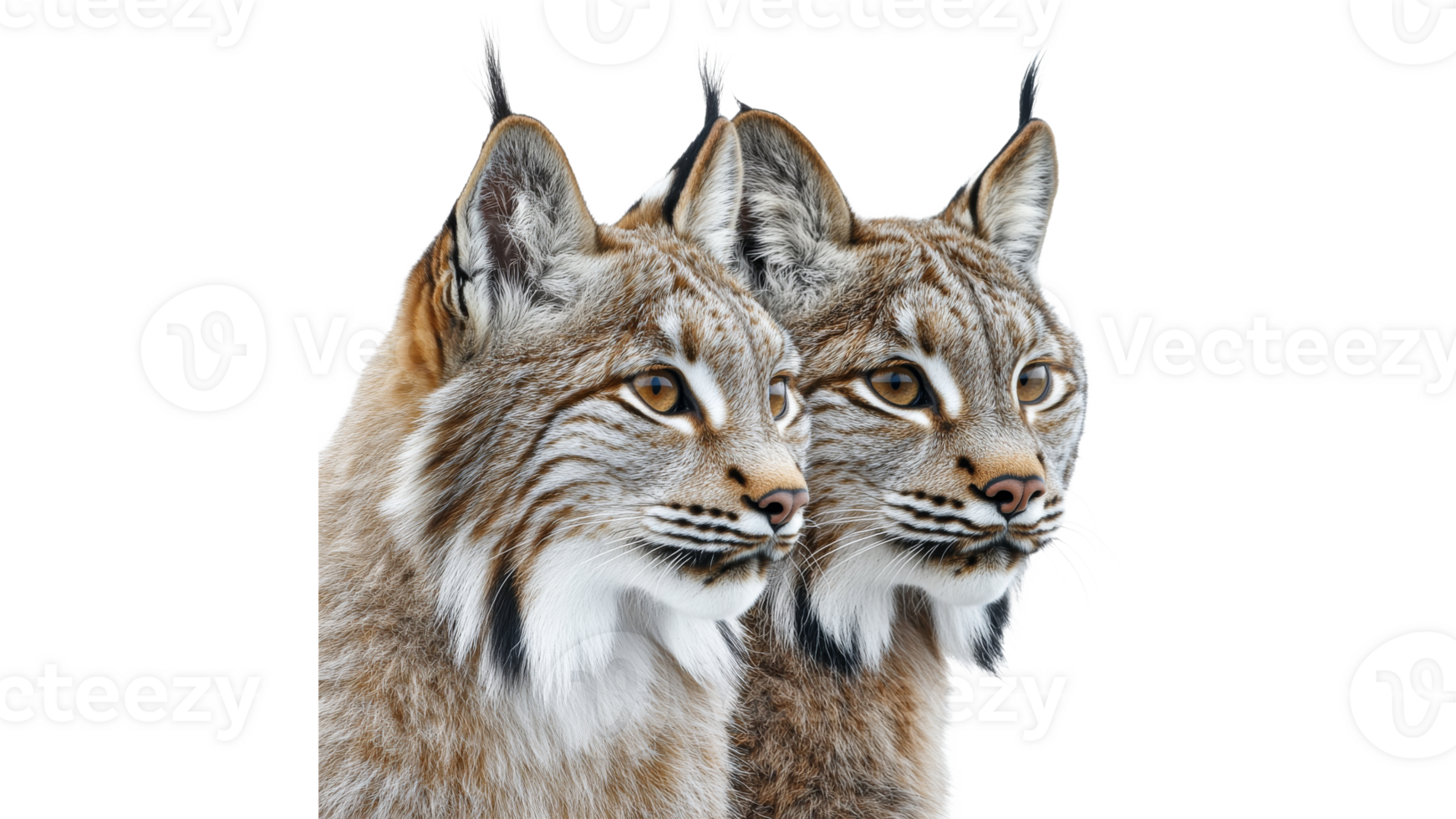 Two lynxes standing together in a snowy landscape png