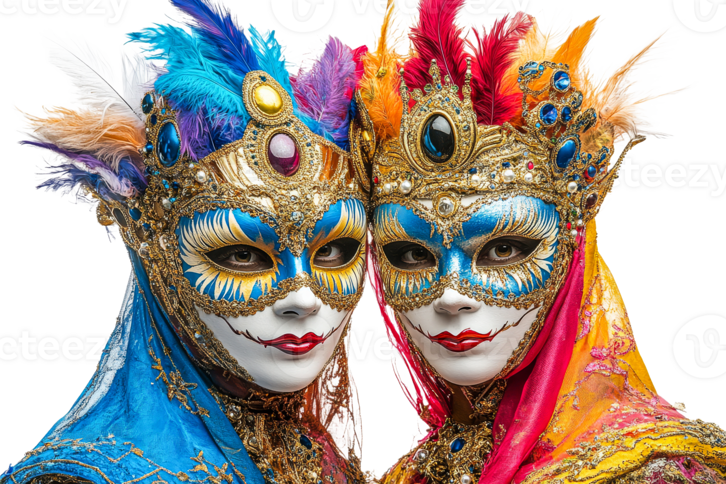 Colorful masked figures at a festive celebration png