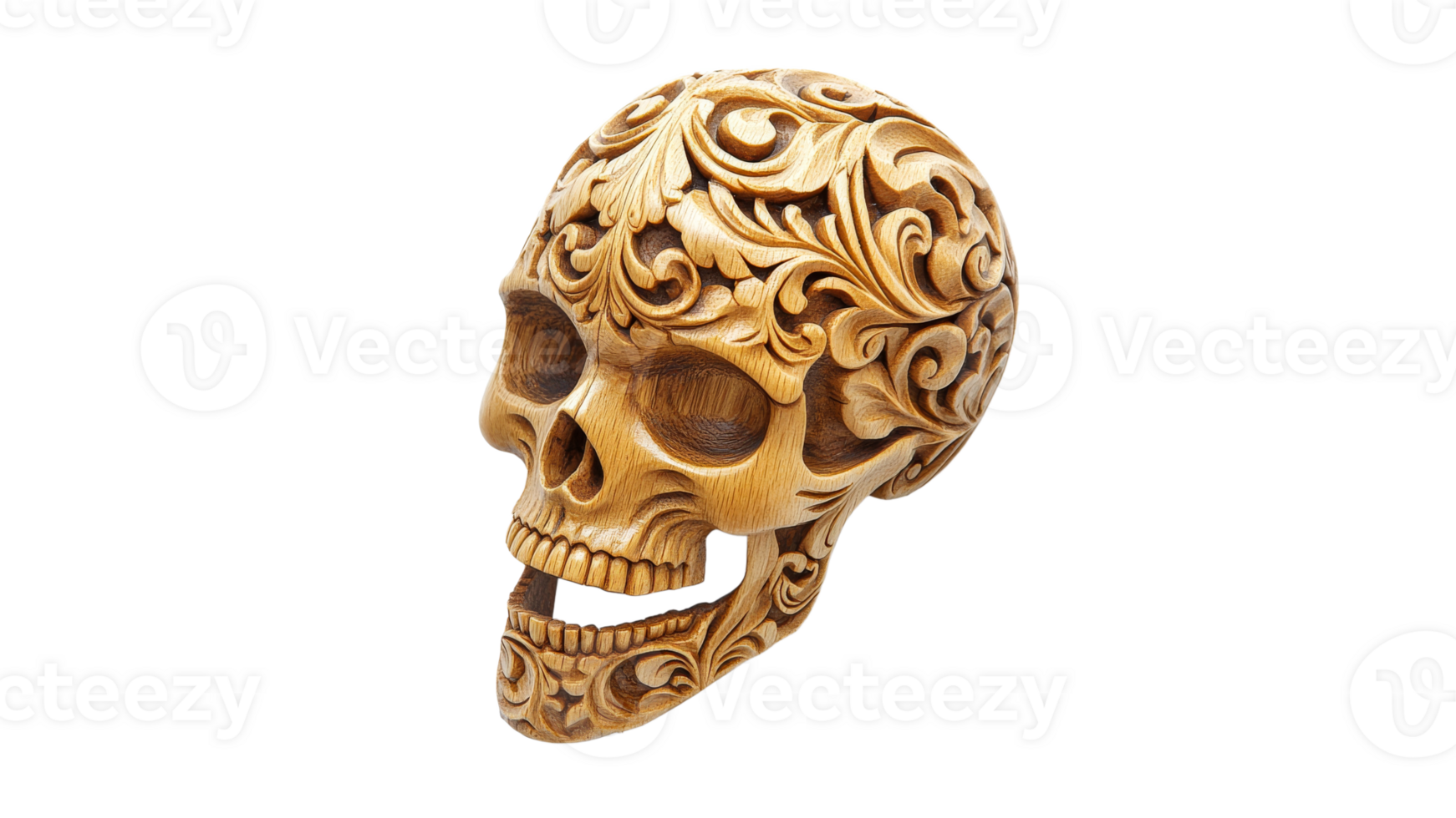 Decorative wooden skull with intricate carvings transparent png